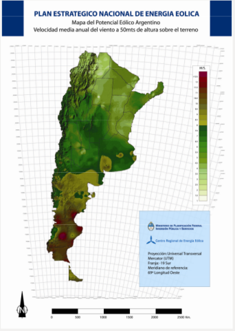 Mapa de velocidad de viento promedio en Argentina