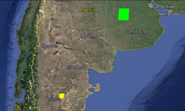Parques eólicos ficticios de 107 y 45 km de lado en Prov Buenos Aires y en Chubut respectivamente